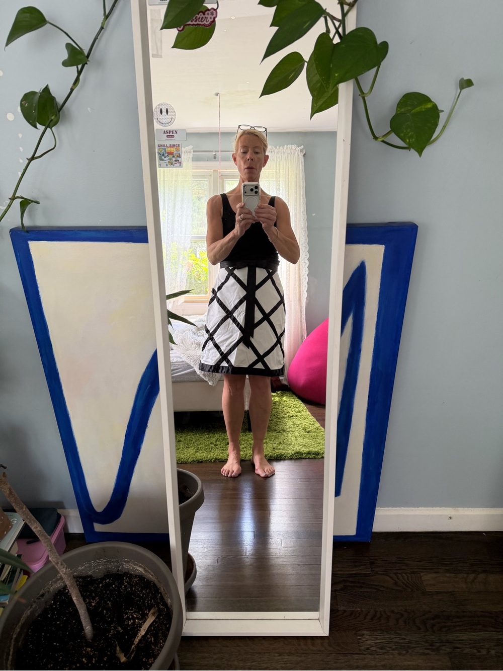 b new york Black and White Geometric Midi Skirt